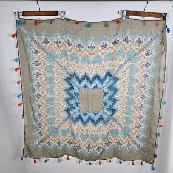 Southwestern Style Multicolor Tassel Shawl Scarf Wrap Blue Tan Aztec Bohemian SW - Picture 4 of 5